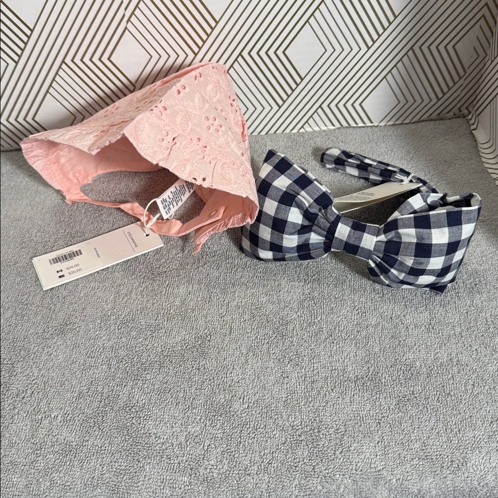 Janie and Jack hat NWT Pink eyelet Bonnet prairie + Navy Checkered Bow Headband‎